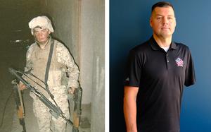 Side-by-side images of Marine veteran Adam Kisielewski: One of him in camouflage combat uniform holding firearms and one of him in casual clothes missing his left arm.