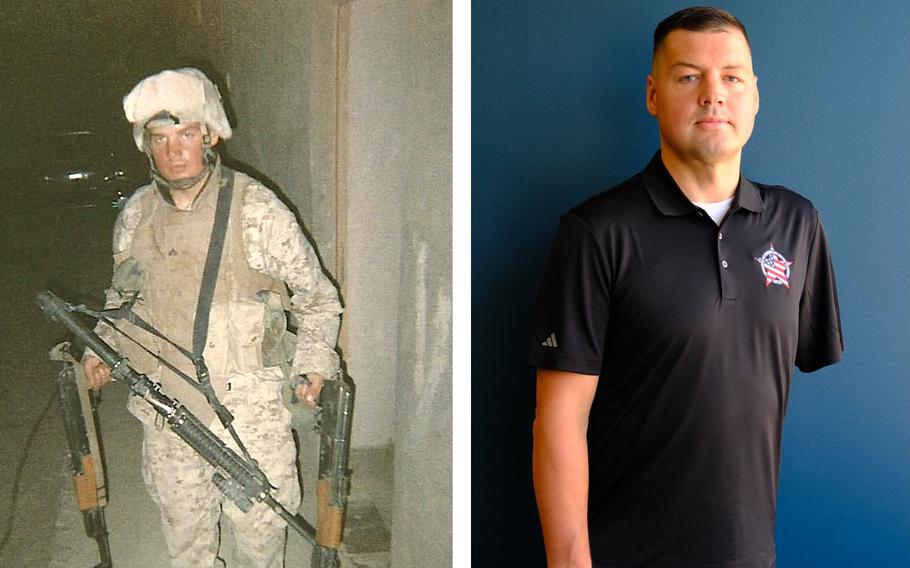 Side-by-side images of Marine veteran Adam Kisielewski: One of him in camouflage combat uniform holding firearms and one of him in casual clothes missing his left arm.