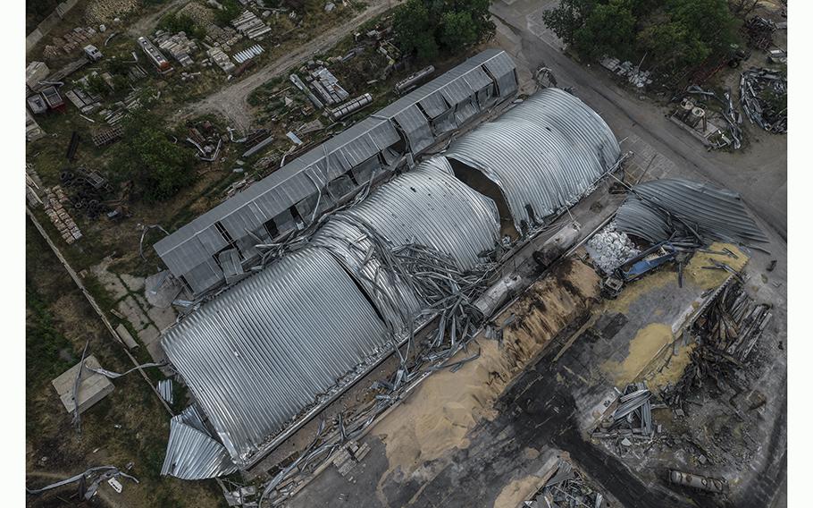 A grain storage facility seen July 26, 2023, in Pavlivka, Ukraine, where Russian cruise missiles struck in a nighttime assault on July 21, 2023.