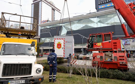 The first modular shelter for temporary stay during air raids has been installed with the support of the Ukrainian Red Cross Society at a tram stop on March 7, 2024, in Arcadia, Odesa, southern Ukraine.