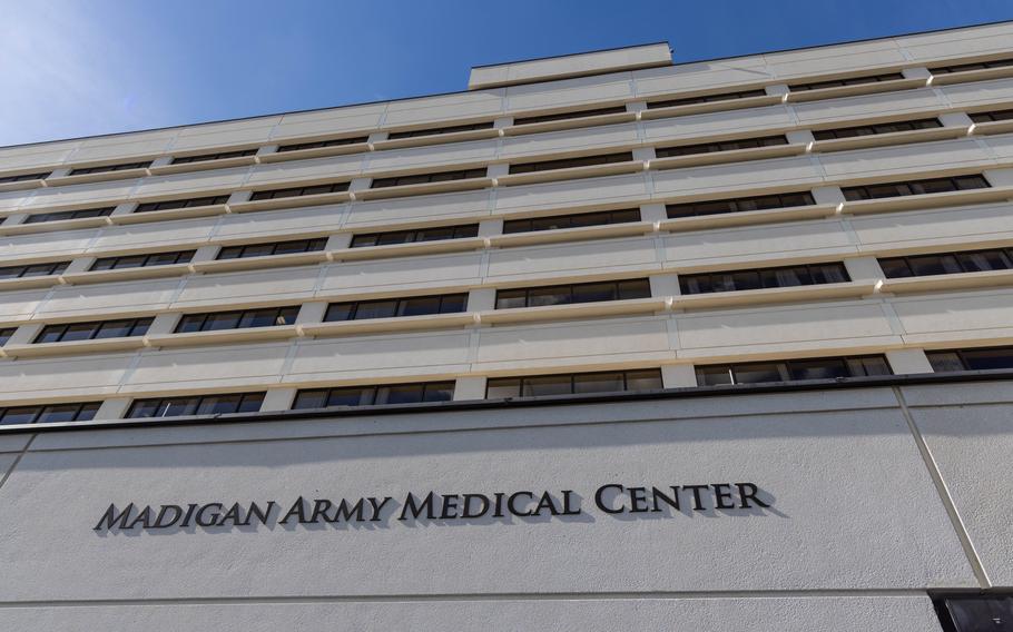 Photo looking up at the hospital building.