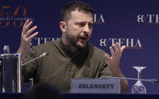 Ukraine's President Volodymyr Zelenskyy delivers his speech as he attends The European House Ambrosetti (TEHA) economic forum in Cernobbio, Como Lake, Italy, Friday, Sept. 6, 2024. (AP Photo/Luca Bruno)