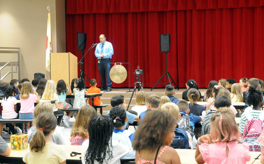 Killin Elementary School principal Gordon Lyn-Cook speaks to students on the first day of classes at Camp Foster, Okinawa, Monday, Aug. 19, 2024. 