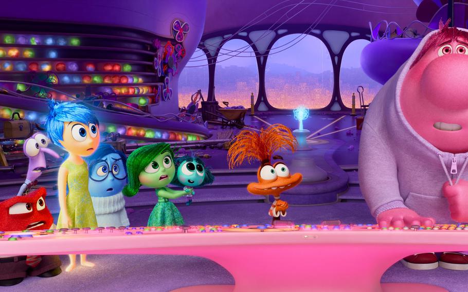 ‘Inside Out 2” emotions Anger, Fear, Joy, Sadness, Disgust, Envy, Anxiety and Embarrassment at their control console. 