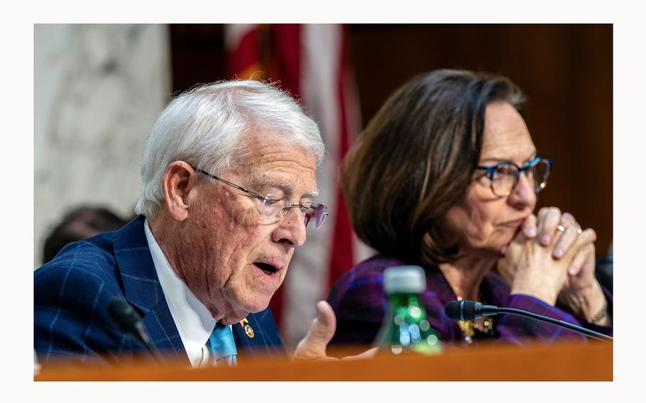 Sens. Roger Wicker, R-Miss., and Deb Fisher, R-Neb., on Feb. 29, 2024, at a Senate Armed Services Committee hearing in the Dirksen Senate Office Building in Washington.