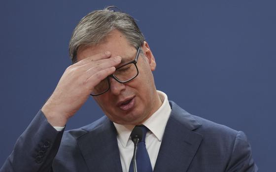 Serbian President Aleksandar Vucic speaks during a news conference with Slovakia's Prime Minister Robert Fico in the Serbia Palace in Belgrade, Serbia, Thursday, Nov. 21, 2024. (AP Photo/Darko Vojinovic)