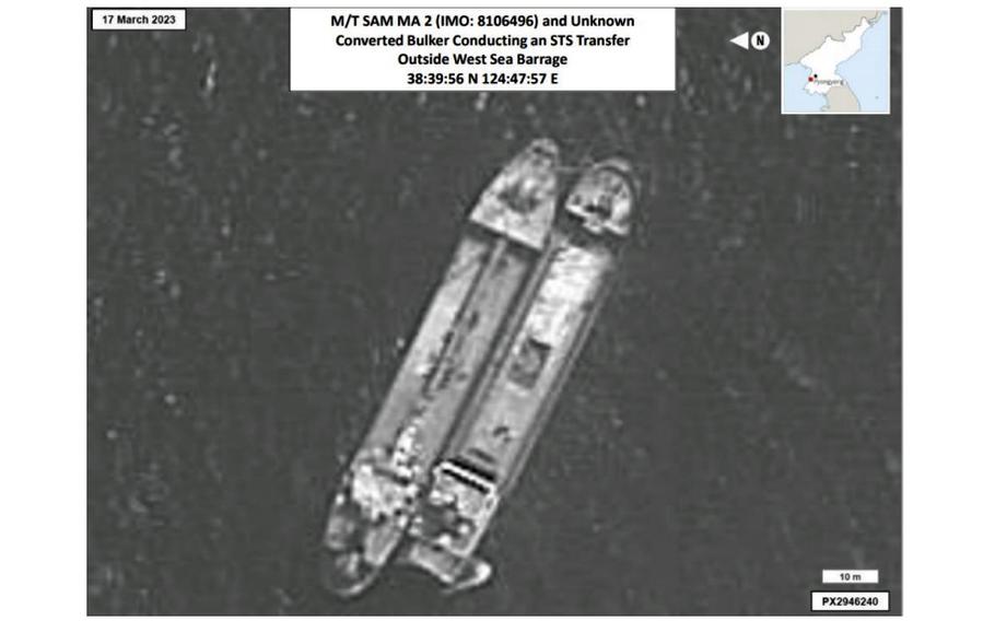 An aerial view of a North Korean tanker.