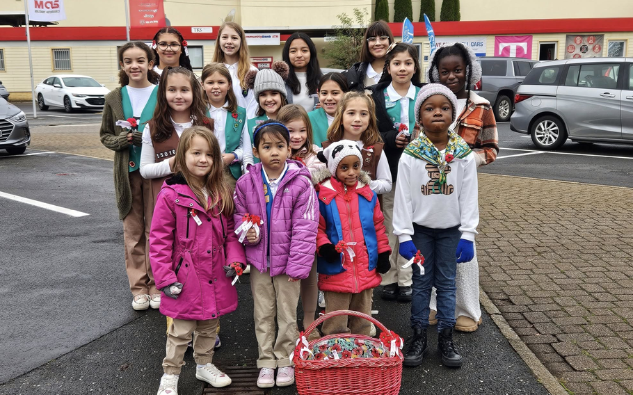 Baumholder Girl Scouts in front of PX