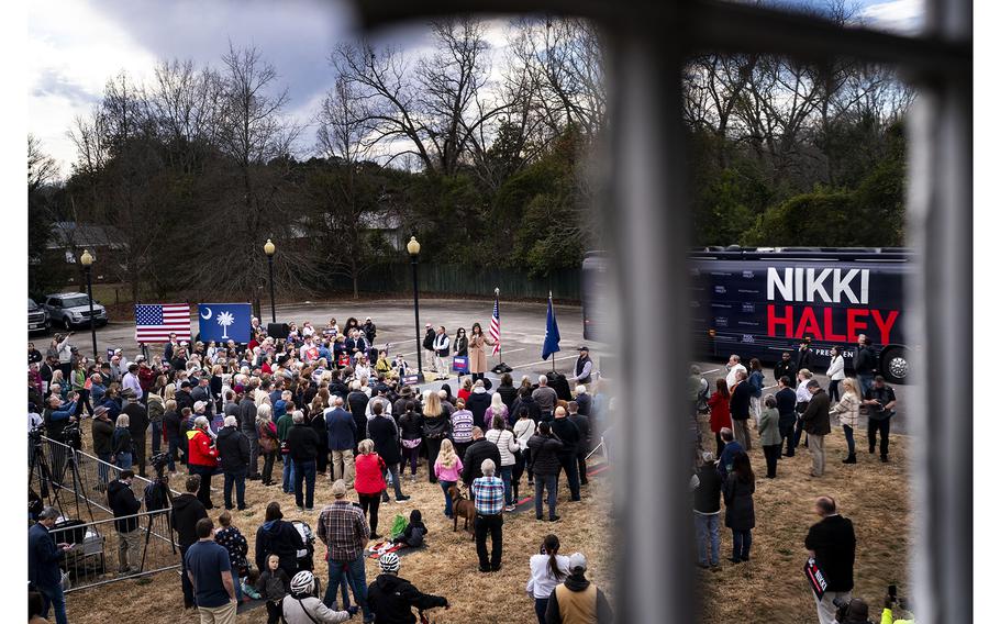 A crowd gathers at the Historic Robert Mill Courthouse during a campaign rally in Camden, S.C., on Monday, Feb. 19, 2024.