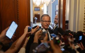 Sen. John Thune (R-S.D.) speaks to reporters after the announcement by Senate Minority Leader Mitch McConnell (R-Ky.) on Wednesday.