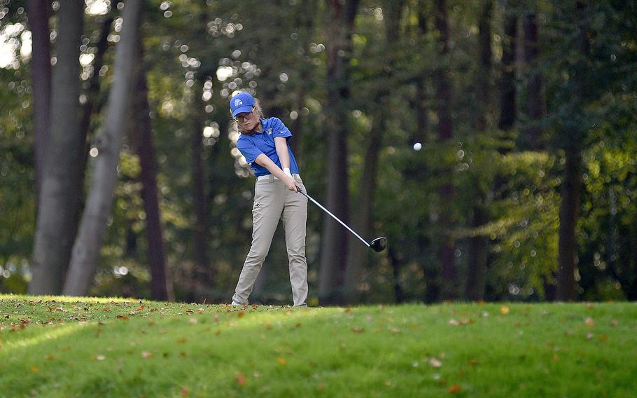 Wiesbaden's Alyssa Shewell drives off the 11th tee during the second round of the DODEA European golf championships at Woodlawn Golf Course on Ramstein Air Base, Germany.