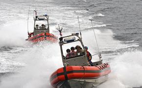 Two small boat crews composed of Coast Guard Maritime Security Response Team-West members deployed aboard Coast Guard Cutter Stratton are underway for a training exercise in the Yellow Sea Sept. 24, 2019. The MSRT members out of San Diego, California, were deployed aboard cutter Stratton for more than a month in support of operations in the Yellow Sea. U.S. Coast Guard photo by Petty Officer 1st Class Nate Littlejohn