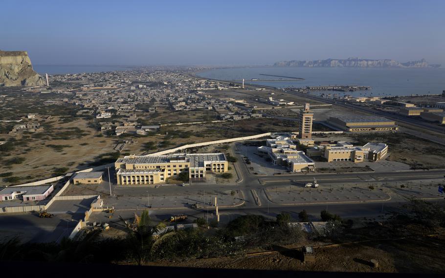 A bird’s-eye view of a newly developing area is seen from a hilltop in the coastal city of Gwadar.