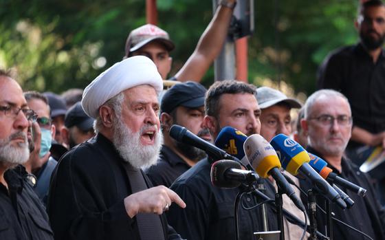 Sheikh Naim Qassem, a prominent Hezbollah figure, delivers an impassioned speech during the funeral of Hezbollah leader Ibrahim Aqil in Beirut, Lebanon , on Sept. 22, 2024. (Courtney Bonneau/Middle East Images/AFP/Getty Images/TNS)