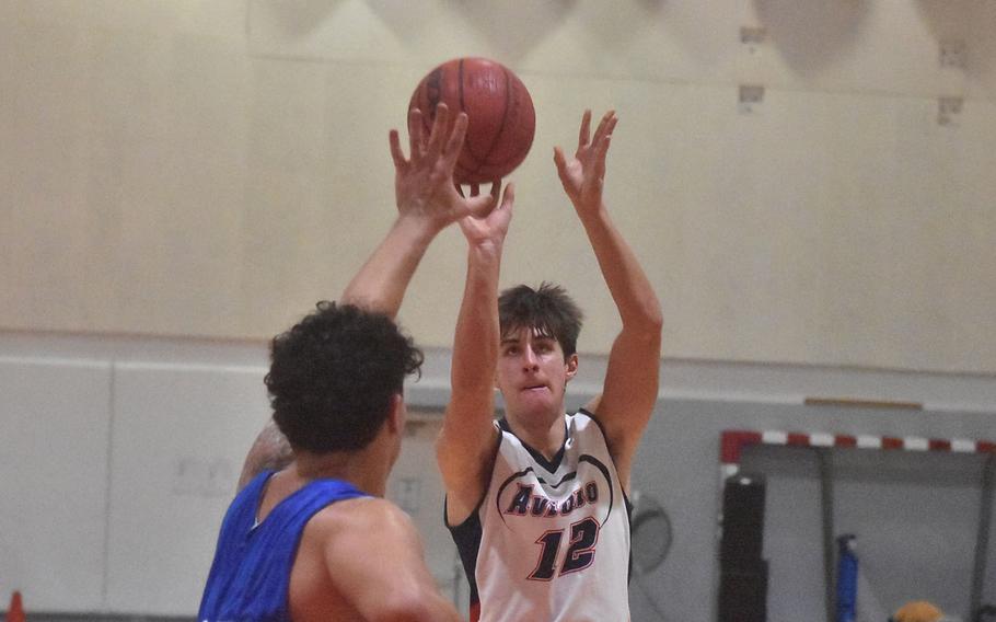 Aviano’s Colin North gets up a shot in the Saints’ 57-29 victory over Marymount on Friday, Dec. 1, 2023.