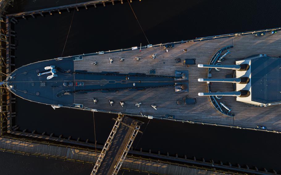 Looking down at the bow of Battleship North Carolina.