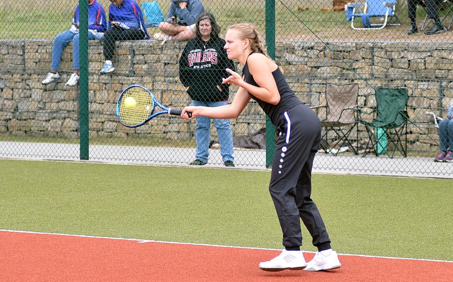 Kaiserslautern doubles player Emma Bailey returns the ball during a Sept. 14, 2024, match at Ramstein High School on Ramstein Air Base, Germany.