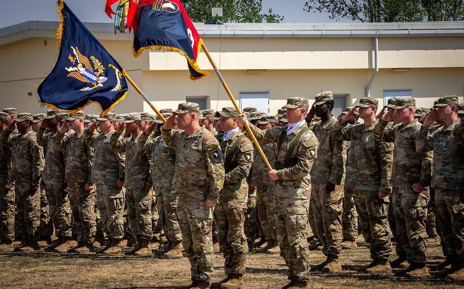 U.S. Army soldiers assigned to the 101st Airborne Division and 10th Mountain Division mark the units’ official departure and arrival at Mihail Kogalniceanu Air Base, Romania, on July 15, 2024. The base is home to the Army's Black Sea garrison. 