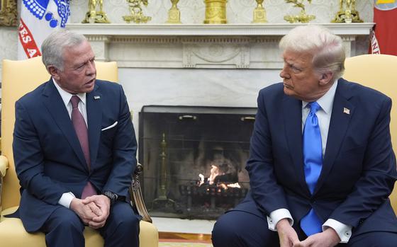 President Donald Trump speaks with Jordan’s King Abdullah II in the Oval Office.