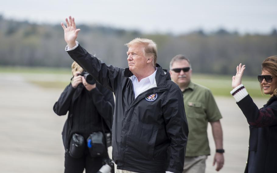 President Donald J. Trump and first lady Melania Trump landed at Lawson Army Airfield March 8 in Air Force One before flying in Marine One to Lee County, Alabama, where March 3 storms and tornadoes killed 23 people and caused major damage. 