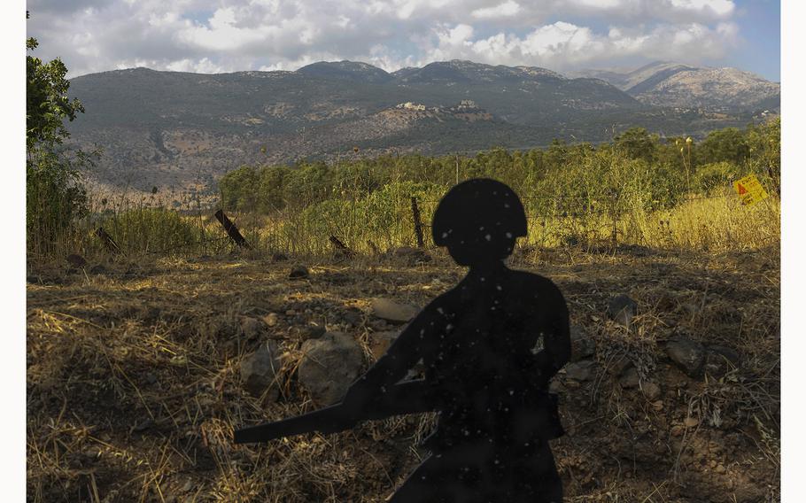 A soldier shaped target lays near  the border with Lebanon as seen from a position on the Israeli side of the border on July 1, 2024.