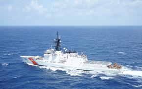 Coast Guard Cutter Stone (WMSL 758) makes way, June 29, 2024, in the Atlantic Ocean. Stone is operating in the U.S. 2nd Fleet area of operations in support of maritime stability and security in the region. (U.S. Coast Guard photo by Petty Officer 2nd Class Thomas Settle)