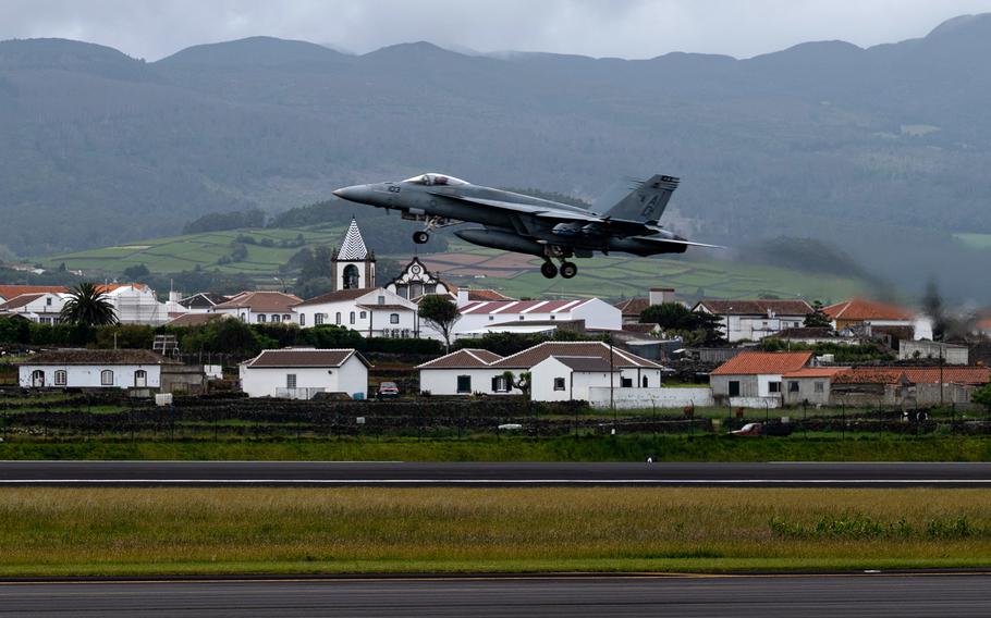 A U.S. Air Force F-16 Fighting Falcon takes off from Lajes Field in the Azores in 2022. The base in the Portuguese island chain provides an important mid-Atlantic link for U.S. and allied forces traveling to and from Europe, Africa and the Middle East.