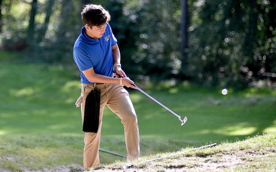 Wiesbaden senior Brian Grieve chips on the green on the No. 10 hole at Woodlawn Golf Course on Sept. 28, 2023, on Ramstein Air Base, Germany.