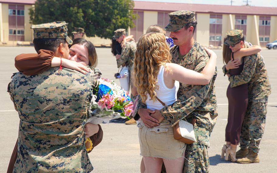 U.S. Marines assigned to the 15th Marine Expeditionary Unit reunite with loved ones at Marine Corps Base Camp Pendleton, Calif., on Aug. 10, 2024.