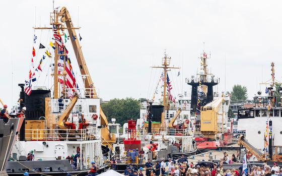 The U.S. Coast Guard parade of ships in Grand Haven, Mich. on Monday, July 29, 2024. The vessels will be docked in Coast Guard City USA until Sunday for the 100th anniversary of the Coast Guard Festival.