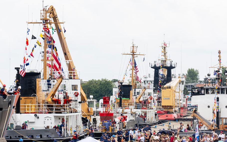 The U.S. Coast Guard parade of ships in Grand Haven, Mich., on Monday, July 29, 2024. The vessels will be docked in Coast Guard City USA until Sunday for the 100th anniversary of the Coast Guard Festival.