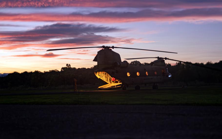 A U.S. Army C-47 Chinook stands by before an air assault maneuver at the Joint Pacific Multinational Readiness Center-Exportable exercise on Fort Magsaysay, Philippines, on June 1, 2024. 