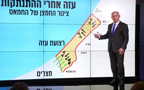 Israeli Prime Minister Benjamin Netanyahu stands before a map of the Gaza Strip, telling viewers how Hamas has imported arms into the territory since Israel's withdrawal in 2005, during a news conference in Jerusalem, Monday, Sept. 2, 2024. The Hebrew on the screen reads, "Gaza after the disengagement, oxygen pipe of Hamas". (AP Photo/Ohad Zwigenberg, Pool)