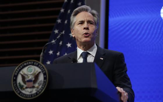 Secretary of State Antony Blinken delivers remarks at the Atlantic Council, Tuesday, Jan. 14, 2025, in Washington. (AP Photo/Luis M. Alvarez)