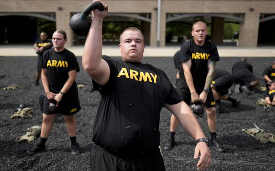 A new recruit participates in the Army's future soldier prep course that gives lower-performing recruits up to 90 days of academic or fitness instruction to help them meet military standards, at Fort Jackson, a U.S. Army Training Center, in Columbia, S.C., Sept. 25, 2024. (AP Photo/Chris Carlson)