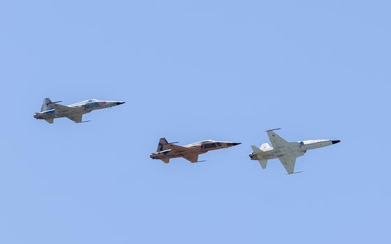 U.S. Marine Corps F-5N Tiger IIs with Marine Fighter Training Squadron (VMFT) 402, Marine Aircraft Group 41, 4th Marine Aircraft Wing, arrive at Marine Corps Air Station Beaufort, South Carolina, May 30, 2024. VMFT-402 will be the Marine Corps’ second adversary squadron and will officially be redesignated in Sept. (U.S. Marine Corps photo by Lance Cpl. Kyle Baskin)