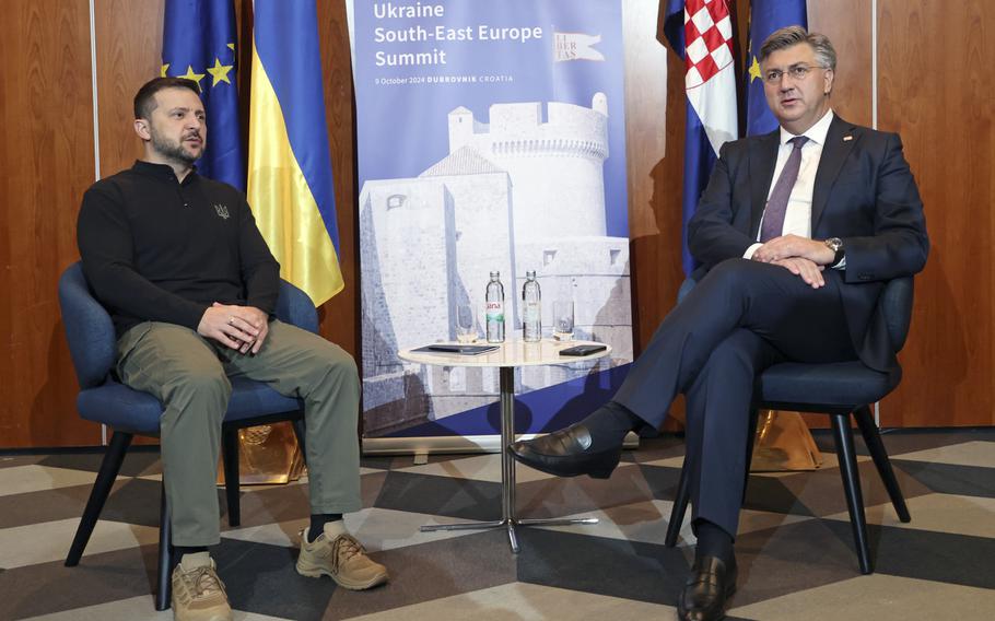 Ukrainian President Volodymyr Zelenskyy, left, meets Croatian Prime Minister Andrej Plenkovic in Croatia, Oct. 9, 2024. 