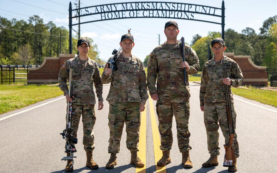 Sgt. Sagen Maddalena, Sgt. Ivan Roe, Staff Sgt. Will Hinton, and Staff Sgt. Rachel Tozier have qualified for the 2024 Paris Olympic Games. All are marksmanship instructors/competitive shooters for the U.S. Army Marksmanship Unit stationed at Fort Moore, Ga.