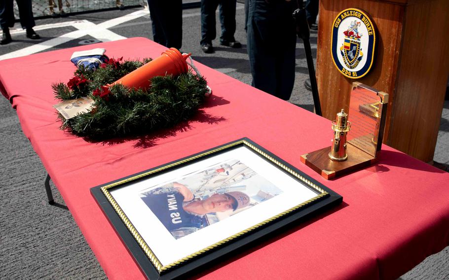 Seaman Recruit David "Dee" Spearman was memorialized by fellow sailors aboard the destroyer USS Arleigh Burke following his death on Aug. 1, 2022. While working on the ship deck, he fell overboard into the Baltic Sea.