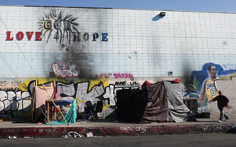 A homeless encampment in the Skid Row community on Sept. 28, 2023, in Los Angeles. 