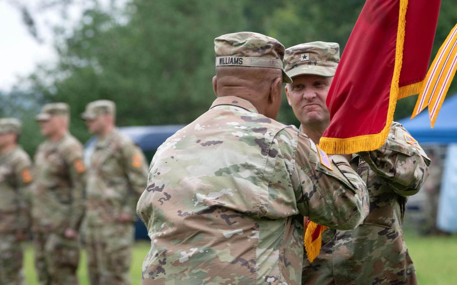 Brig. Gen. Curtis King assumes command of the 10th Army Air and Missile Defense Command at Sembach Kaserne, Germany, June 20, 2024.