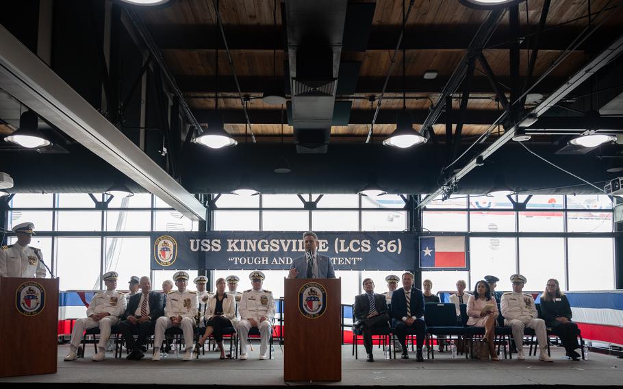 Assistant Secretary of the Navy Russel Rumbaugh gives remarks during the commissioning ceremony of the Navy’s newest littoral combat ship, USS Kingsville (LCS 36), on Saturday, Aug. 24, 2024, in Corpus Christi, Texas. 