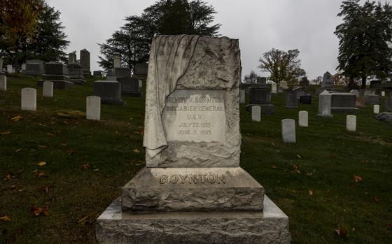 The Tombstone of Civil War veteran Brevet Brigadier General Henry Van ness Boynton Friday, Nov. 22, 2024 in Arlington, VA at Arlington National Cemetery, Boynton, as a Lieutenant Colonel, earned a Medal of Honor during the US Civil War leading the 35th Ohio Infantry during an action at Missionary Ridge, Tennessee. Boynton led his regiment in the face of intense fire from the enemy and was severely wounded.(Eric Kayne/Stars and Stripes)