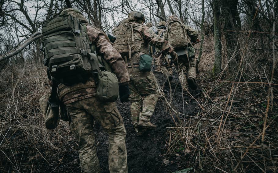 Freshly recruited members of the Aidar Battalion of Ukrainian ground forces train in the eastern Donbas region in February 2024. 