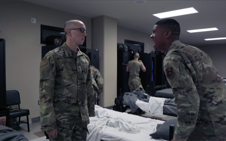 Tech. Sgt. Matthew Rice corrects a trainee during the filming of the docuseries “Basic,” which will stream on the Air Force Recruiting YouTube channel beginning Thursday. The eight-episode series follows five trainees who attended basic training at Joint Base San Antonio-Lackland, Texas, between October 2019 and January 2020.