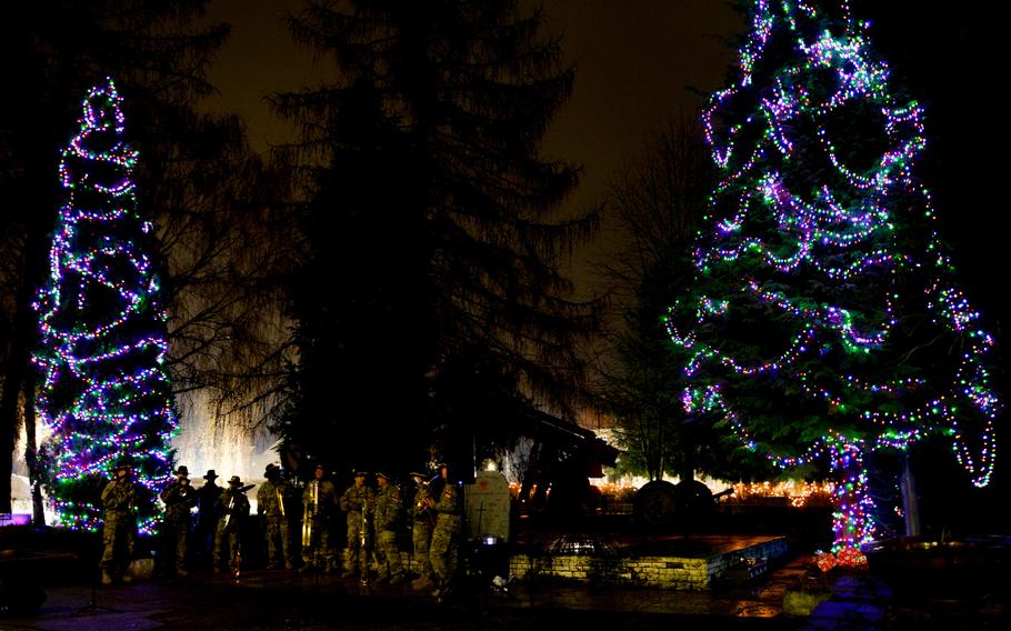 Two trees are strung with lights.