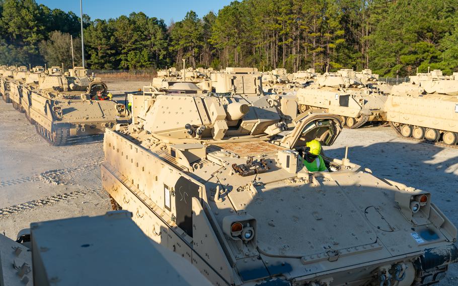 Bradley Fighting Vehicles staged for shipment on Jan. 25, 2023, in North Charleston, S.C. The shipment of Bradleys was part of U.S. military aid to Ukraine, providing its military with weapons to beat back invading Russian forces.