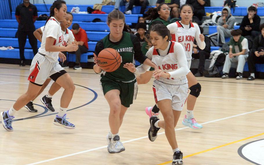 Denali Clites dribbles against pressure.