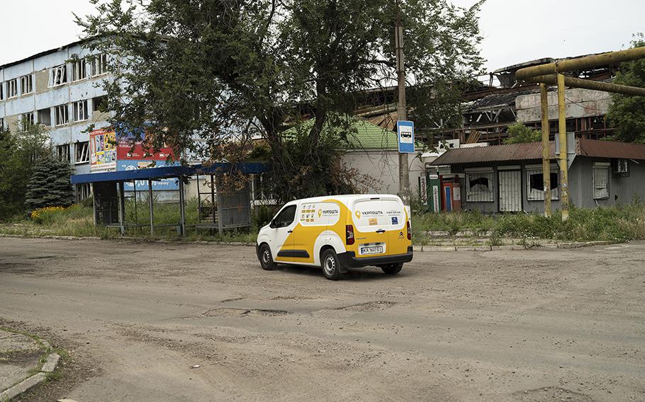 A postal van on its mail route in Hulyaipole, Ukraine, on Wednesday, June 21, 2023. Postal workers make the dangerous journey from Zaporizhzhia, the regional capital, three times a month, delivering letters and parcels as well as pensions and medicine. 