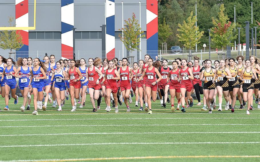 Runners blitz off the starting line in the girls race of a cross country meet on Sept. 14, 2024, at Ramstein High School on Ramstein Air Base, Germany.